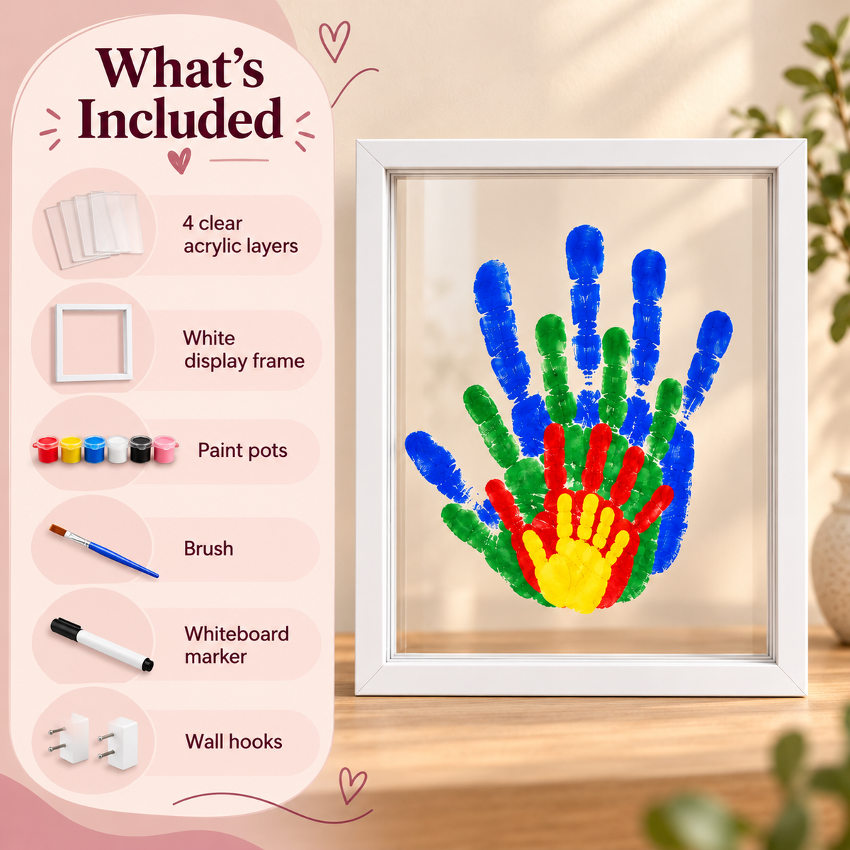 What's included in the MemoryLayers white frame handprint kit