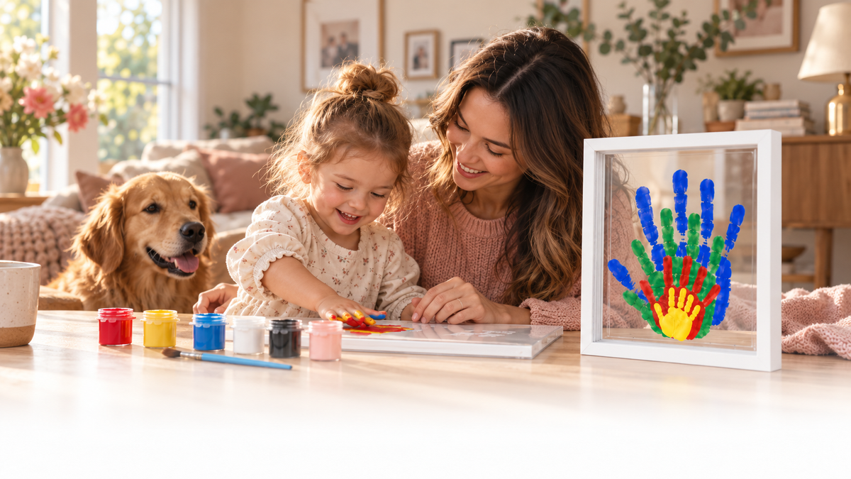 A mother and young daughter make family handprints with a golden retriever nearby, next to their layered white-framed keepsake.