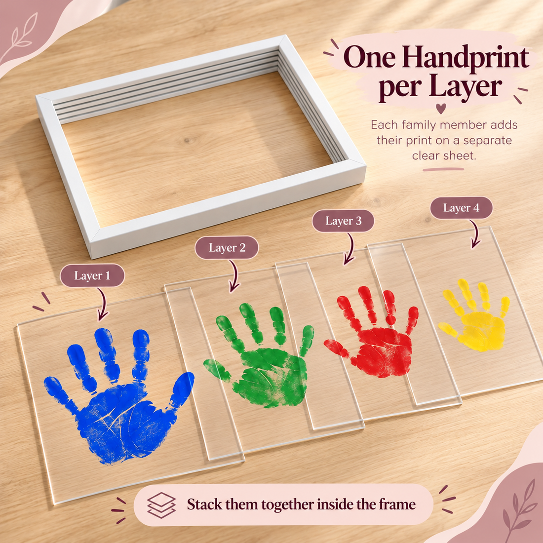 One handprint on each clear acrylic layer of the MemoryLayers frame