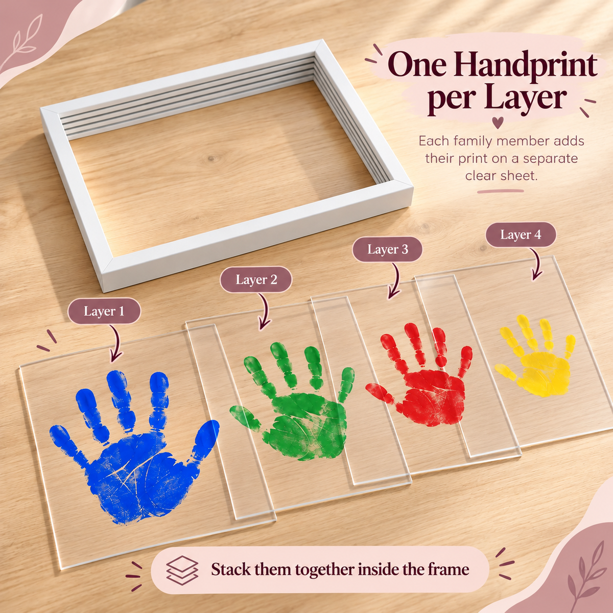 One handprint on each clear acrylic layer of the MemoryLayers frame