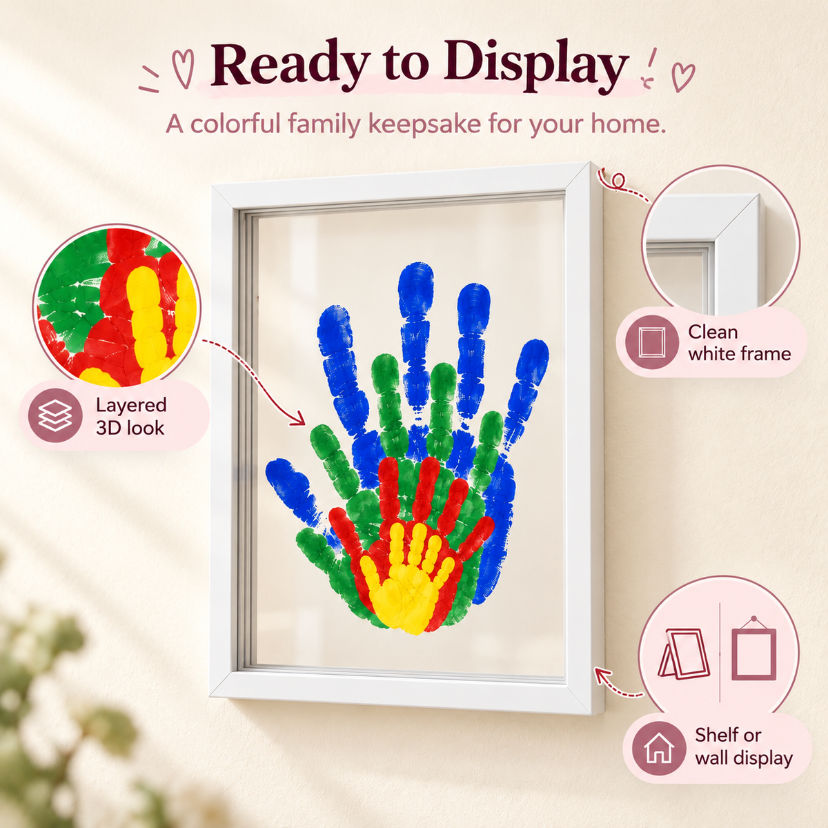 Framed family handprints ready to display with design details